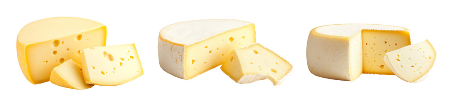 Set of Danish cheese wheel isolated on a white transparent background. Concept of dairy products and cheese varieties in food photography
