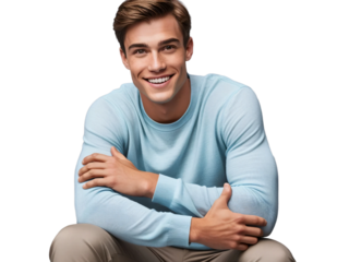 Handsome young man without beard wearing a casual sweater. Happy smiling face with crossed arms looking at camera, isolated on transparent background
