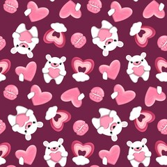 Seamless pattern with a bear, heart, rainbow, cake on a purple background