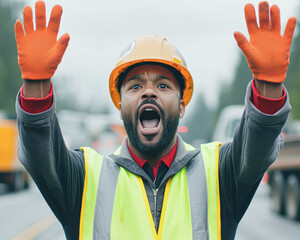 A construction worker in a yellow vest and orange gloves is yelling at someone