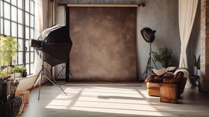 Cozy photography studio with natural light and rustic decor