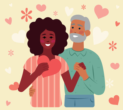 Pareja interracial de enamorados con diferencia de edad con corazones y flores San valent&iacute;n