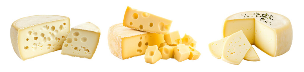 Set of Emmental cheese wheel isolated on a white transparent background. Concept of dairy products and cheese varieties in food photography