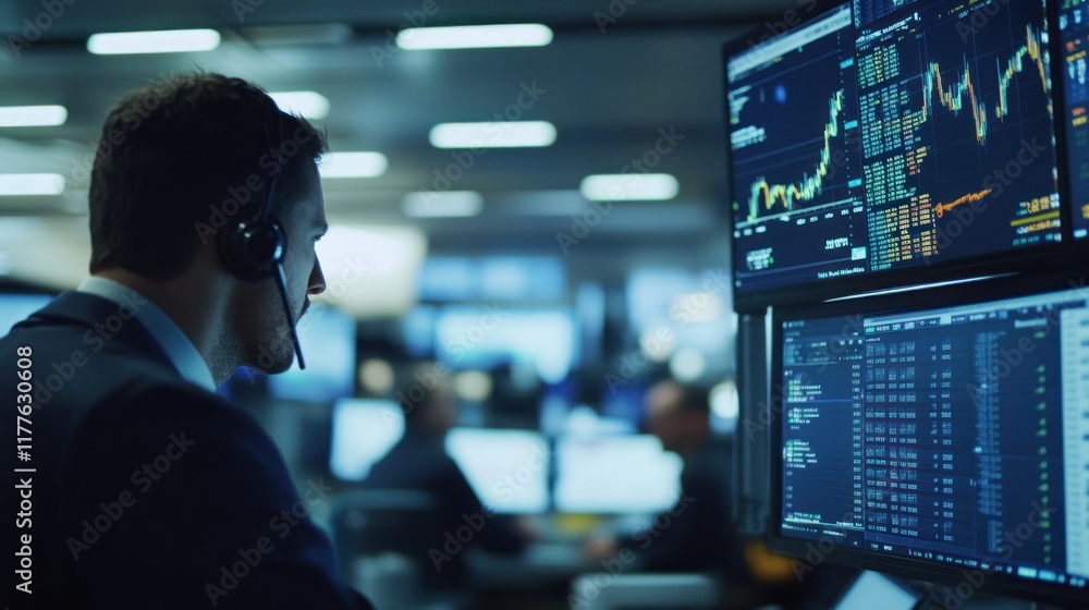 Poster professional trader monitoring financial data on multiple screens in a modern office environment, an