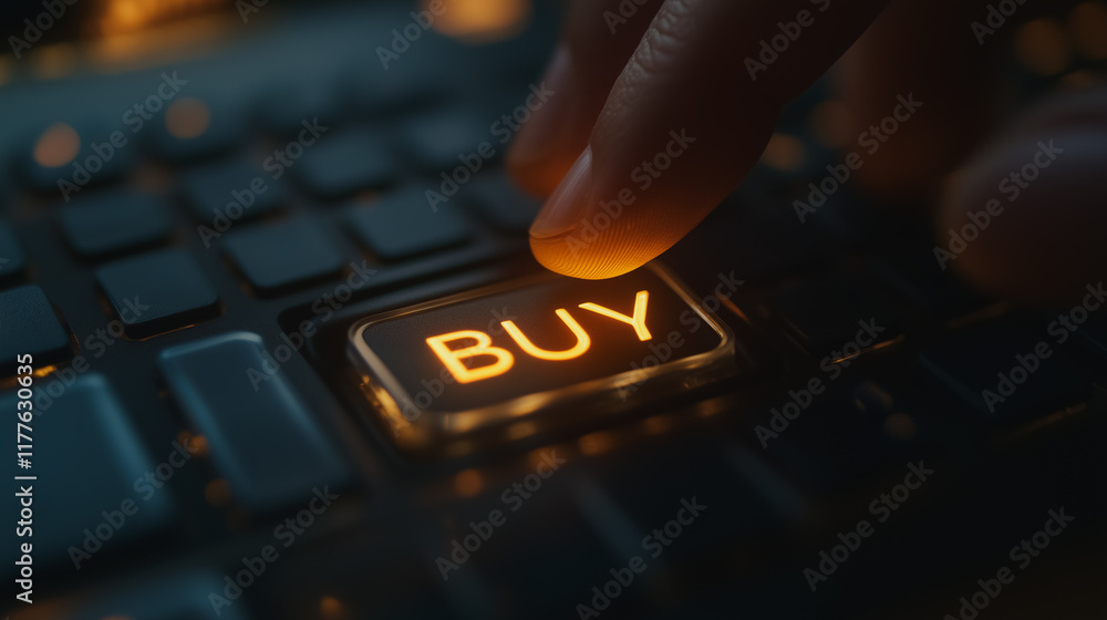 Poster fingertip on the buy button: a close-up shot of a finger pressing the 