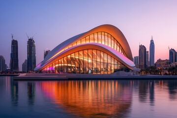 Obraz premium A vibrant image of the Dubai Opera House at night, with its dhow-inspired design illuminated by colorful lights