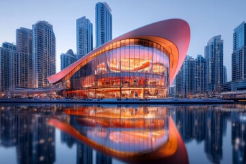 Fototapeta premium A vibrant image of the Dubai Opera House at night, with its dhow-inspired design illuminated by colorful lights
