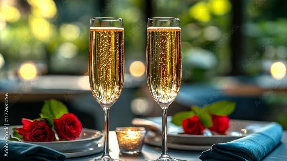 Poster two elegant glasses filled with sparkling beverage sit on a beautifully set table adorned with fresh
