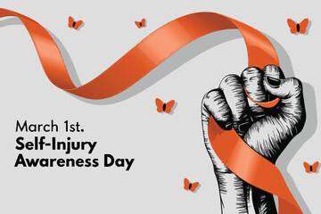 Illustration promoting self-injury awareness featuring a hand holding an orange ribbon with butterflies around. Depicts strength, resilience, and support in recognizing and understanding self-injury