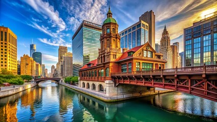 Fototapeta premium Panoramic View of Chicago Riverwalk Bridgehouse Architectural Exterior