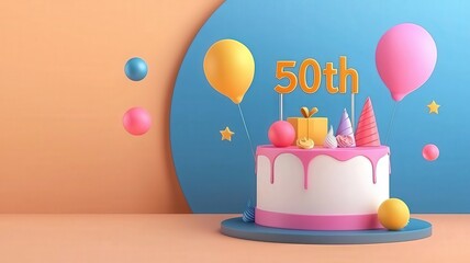 Happy Birthday and celebration concept. Colorful birthday cake for a 50th celebration with balloons and festive decorations.