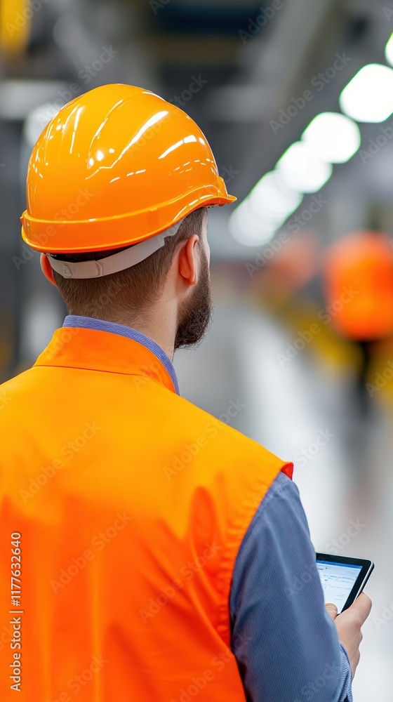 Poster car factory engineer in work uniform using tablet for inspection in modern industrial setting with b