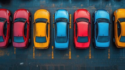 Fototapeta premium A rental car service lot with vehicles lined up in neat rows, ready for customers, on a sunny day