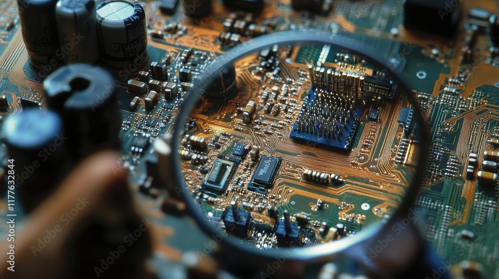 Poster close up of a magnifying glass inspecting a circuit board, revealing intricate details of electronic
