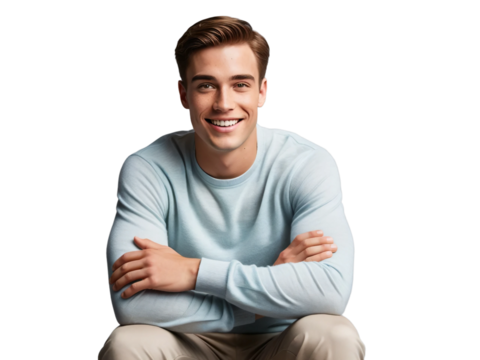 Handsome young man without beard wearing a casual sweater. Happy smiling face with crossed arms looking at camera, isolated on transparent background