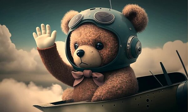 A cute teddy bear sits in a small airplane surrounded by fluffy clouds