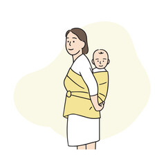 Illustration of a mother carrying a baby on her back with a Korean blanket