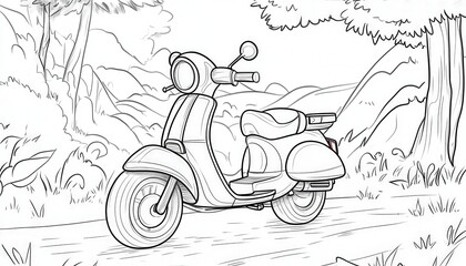 A vintage scooter is parked on a path through a lush forest. This coloring page offers a peaceful nature scene combined with a classic vehicle.