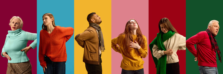 Diverse group of people of different age and gender showing back pain, set against colorful...