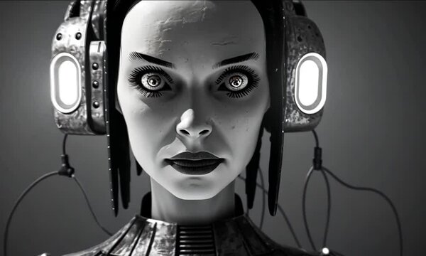 Half robotic half-human creepy woman in black and white footage 