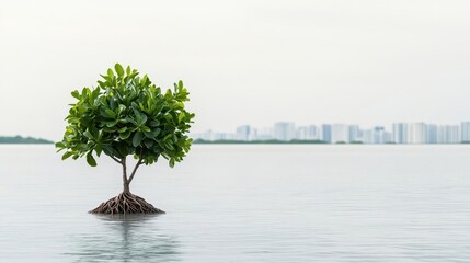 A hybrid ecosystem of mangroves and urban infrastructure, protecting a coastal city from storm surges