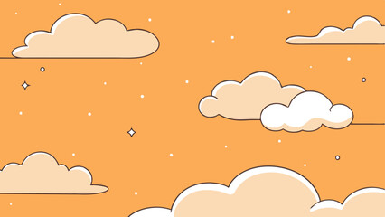 A pastel orange background with faint cloud patterns floating across