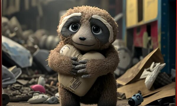 A muddy teddy sloth hugging something in the dust 