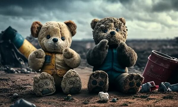 Two dirty and muddy teddy bears sitting and dancing in the dust 