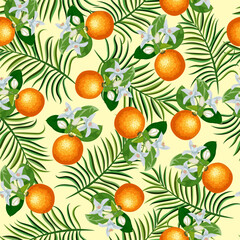 Ripe oranges on green leaves.Vector seamless pattern with oranges and palm leaves on a yellow background.