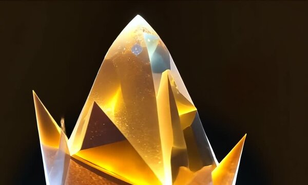 A sparkling and shining yellow crystal rotates in front of a black background 