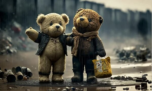 Sad teddy bears walking in the rain holding each hand 