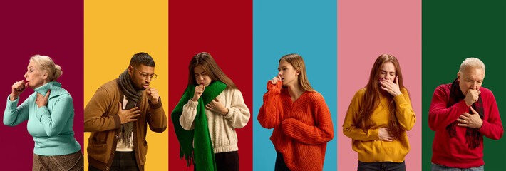 Collage made of different people, men and women of various age coughing and showing respiratory...