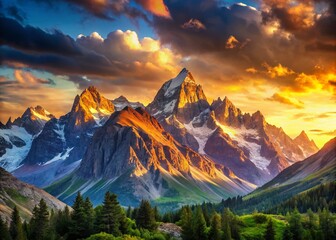 Obraz premium Panoramic View of Two Majestic Mountains, Dramatic Landscape