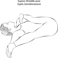 Sketch of young woman practicing Supta Samakonasana yoga pose. Supine Straddle pose or Reclining Straddle pose.Isolated vector illustration.