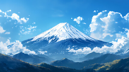 A snowcapped mountain under a blue sky. Snowcap. Illustration