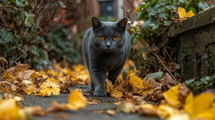 Gray cat with yellow eyes walking on autumn leaves.