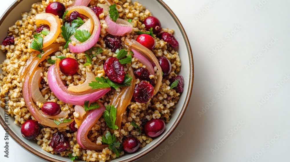 Poster visually captivating layout featuring freekeh salad with caramelized onions and cranberries placed o
