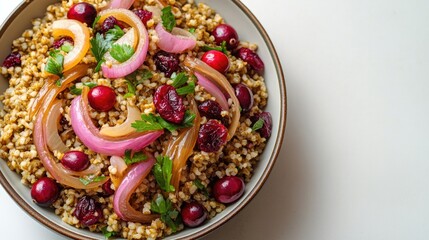 visually captivating layout featuring freekeh salad with caramelized onions and cranberries placed on solid white background