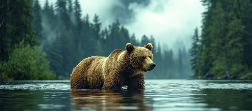 Grizzly bear wading in a calm river, surrounded by a misty evergreen forest. - Powered by Adobe