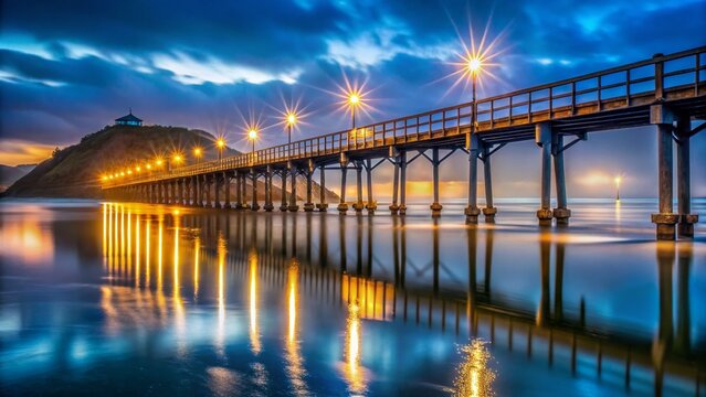 Panxon Beach Nigran Galicia Night Pier Double Exposure Stock Photo