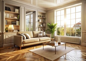 Parisian Minimalist Living Room: Chic Sofa, Bookcase & French Windows