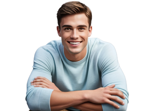 Handsome young man without beard wearing a casual sweater. Happy smiling face with crossed arms looking at camera, isolated on transparent background