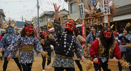日本の鬼祭り：赤い鬼の面をかぶった人々が豆まきをしている祭りの風景
