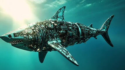 Metallic shark swimming underwater in sun rays