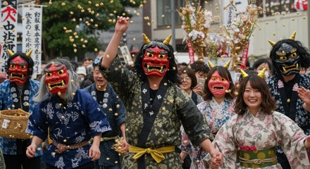 節分祭：鬼のお面をかぶった人々が豆まきをする祭り風景
