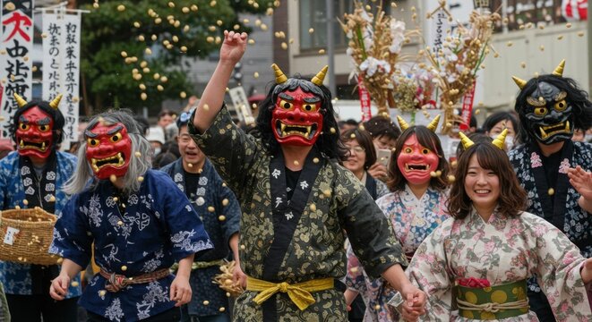 節分祭：鬼のお面をかぶった人々が豆まきをする祭り風景