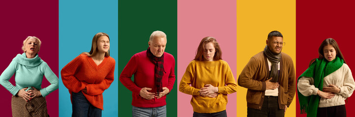 Diverse group of people of different age holding their stomachs in pain, depicting symptoms of...