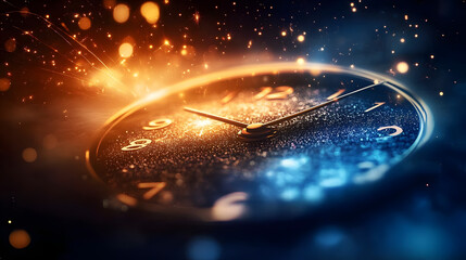 A clock face with its numbers and hands dissolving into a cosmic background of stars and galaxies, emphasizing the abstract and universal nature of time 