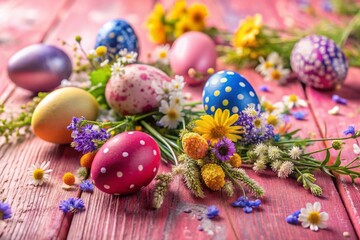Obraz premium Pastel Pink Easter Eggs & Wildflowers on Wooden Table - Spring Festive Stock Photo