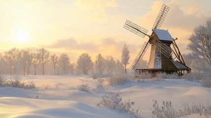 Obraz premium Snow-Covered Windmill in a Serene Winter Landscape at Sunrise, Tranquil Countryside Scene